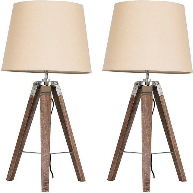 Clipper Pair of Distressed Wood and Silver Chrome Tripod Table Lamps with Beige Light Shades