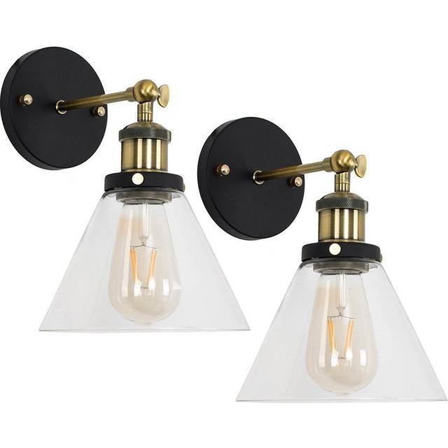 Pair Industrial Black Gold Wall Fittings Glass Conical Light Shades