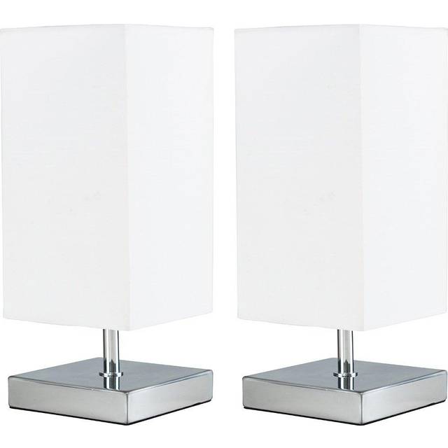 Pair of - Modern Square Polished Chrome Touch Table Lamps with a White Shade
