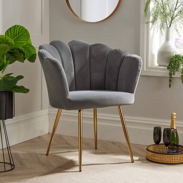 Grey Boucle Fabric Scallop Shell Chair Wing Back Armchair Gold Legs