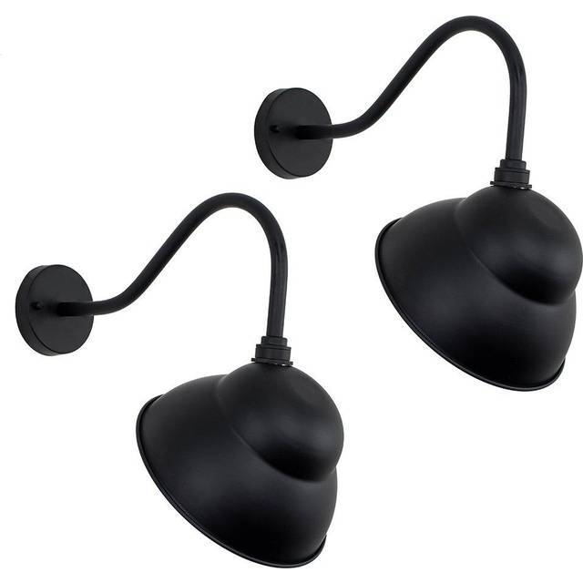 Minisun - Porter Pair of Porter IP23 Rated Black Metal Swan Neck Decorative Outdoor Wall Lights with Light Shades