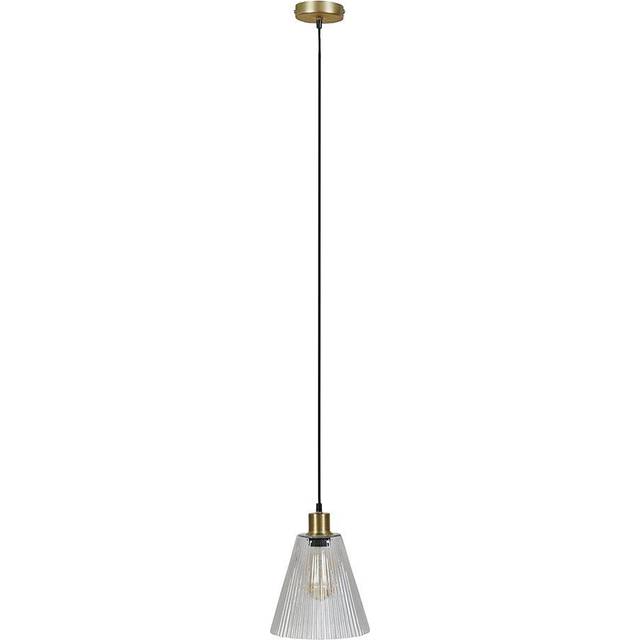 MacArthur Modern Satin Gold Suspended Ceiling Pendant Light Fitting with Ribbed Clear Glass Shade