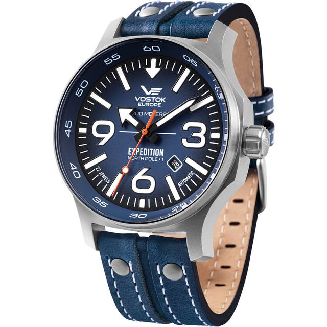 Vostok Europe YN55 Expedition Nordpol 1 herrklocka; med flera nitar, läderband, automatiskt datum, Blå/blå., rem