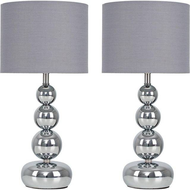 Marissa Pair of Chrome Stacked Balls Table Lamps with Grey Faux Silk Shades