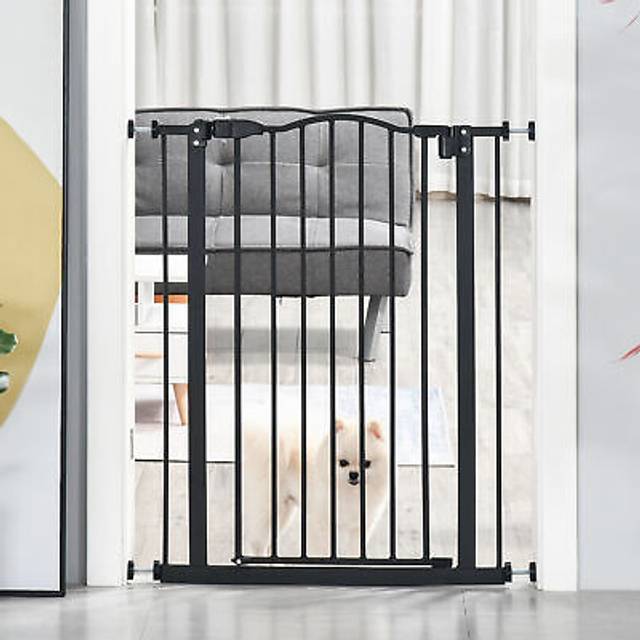 PawHut 74-84cm Adjustable Metal Pet Gate Safety Barrier w/ Auto-Close Door Double Locking Easy-Open Doors Stairs Home Frames Black Aosom UK