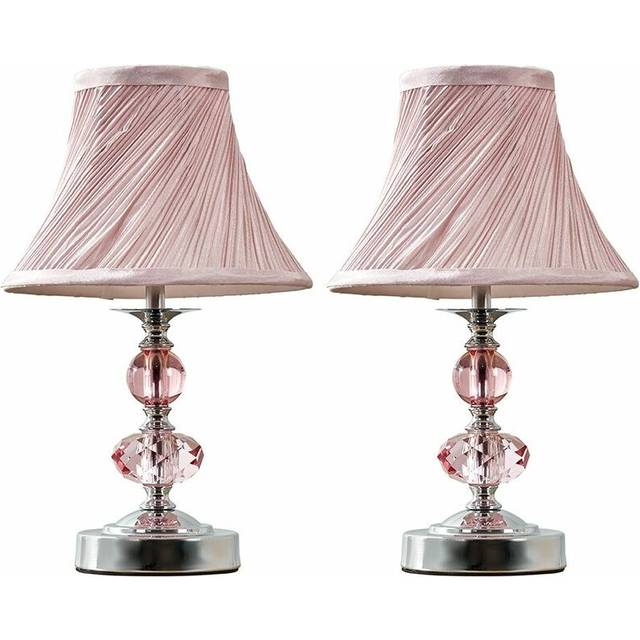 Jaigier Pair of Modern Polished Chrome Touch Table Lamps with Pink Pleated Shades