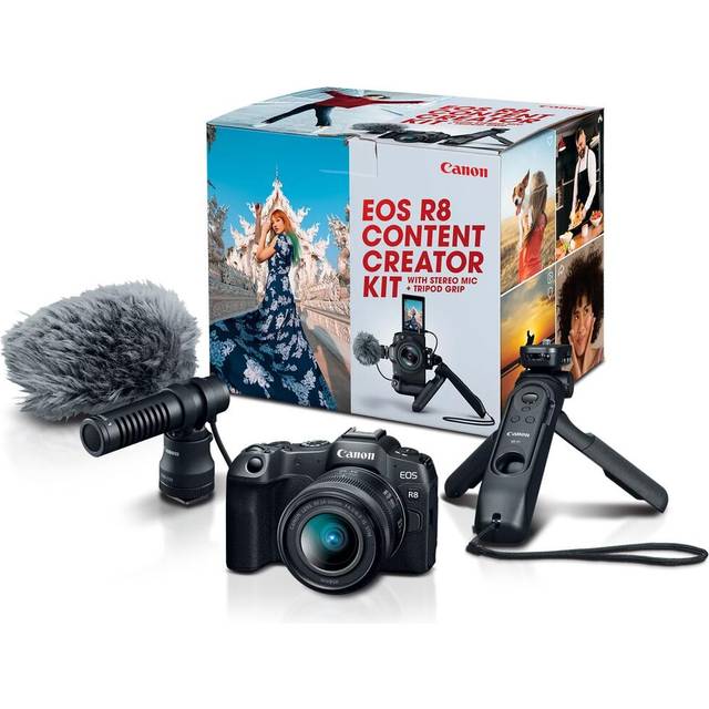 Canon EOS R8 Content Creator Kit Camera with In-Camera Compositing, Stereo Microphone and Camera Lens Cap in Black