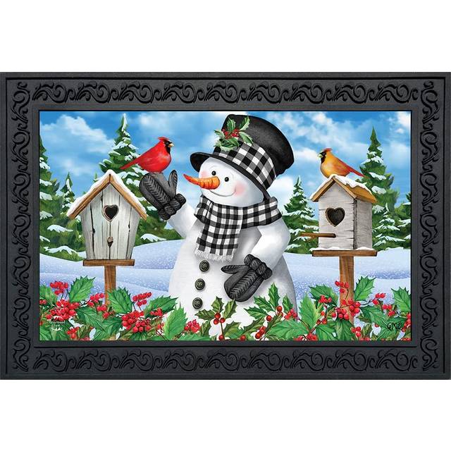 "Briarwood Lane Checkered Snowman Winter Doormat Cardinal Pair Berries 30"""" x 18"""""