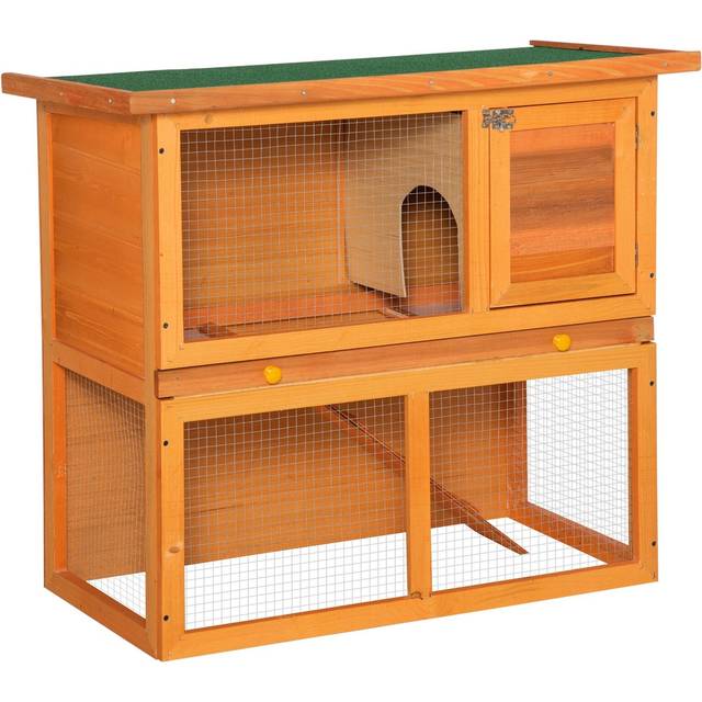 Pawhut 2-tier Rabbit Hutch Wooden Guinea Pig Hutch Double Decker Pet Cage Run With Sliding Tray Opening Top