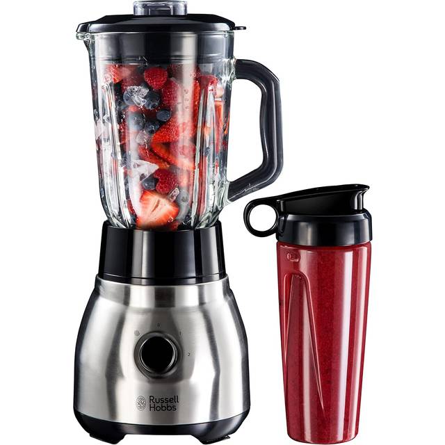 Russell Hobbs blender, 2-i-1 med to-go behållare och lock, 1.5l glaskanna, 2 hastigheter, pulsfunktion, iskross, avtagbart blad i rostfritt stål med 4 knivar, rostfritt stål, 600W, 23821-56