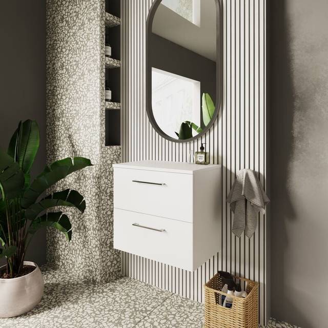 Nuie Arno Gloss White 600mm Wall Hung 2-Drawer Vanity Unit &amp; Workt