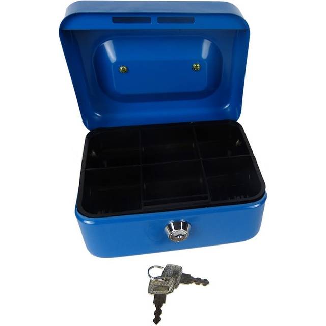 "Hyfive 6"" Blue Steel Petty Cash Box Money Holder Security Safe With Keys & Tray"