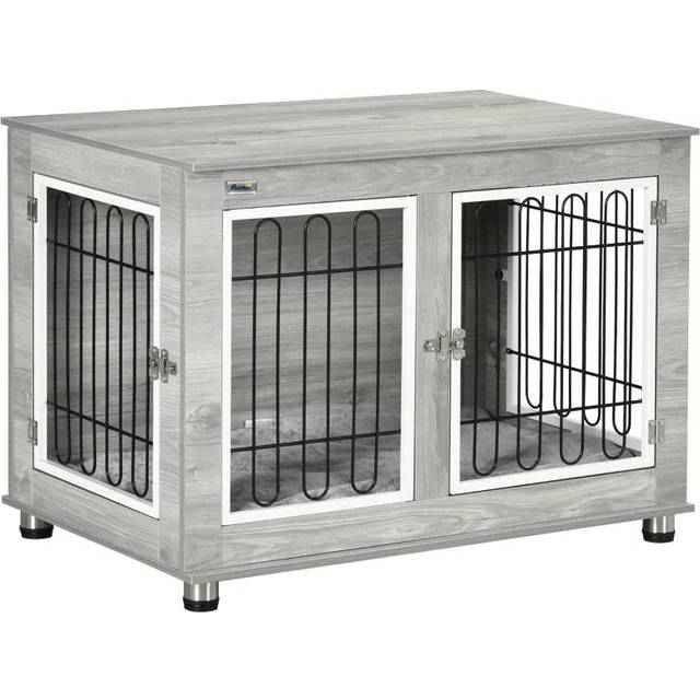 PawHut Dog Crate Furniture, Dog Cage End Table. with Soft Cushion, Double Door - Oak Tone Aosom UK