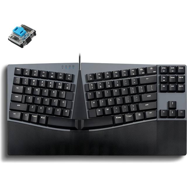 Perixx PERIBOARD-335BL trådbundet ergonomiskt mekaniskt kompakt tangentbord – lågprofilblå klickbrytare – programmerbar funktion med makrotangenter – kompatibel med Windows och Mac OS X – US Engelska