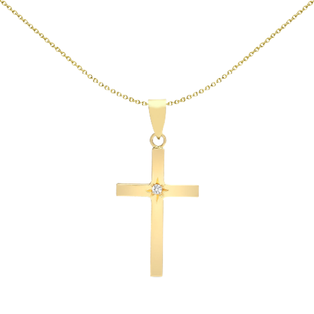Jewelco London Solid 9ct Yellow Gold Gypsy Set Round I SI2 0.03ct Diamond Solitaire Cross Pendant - 9X058