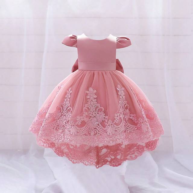 SHEIN Baby Girls&#39; Satin & Mesh Layered Dress With Train, Bow Detailing And Puffy Hemline, Elegant Outfit For Birthday Parties