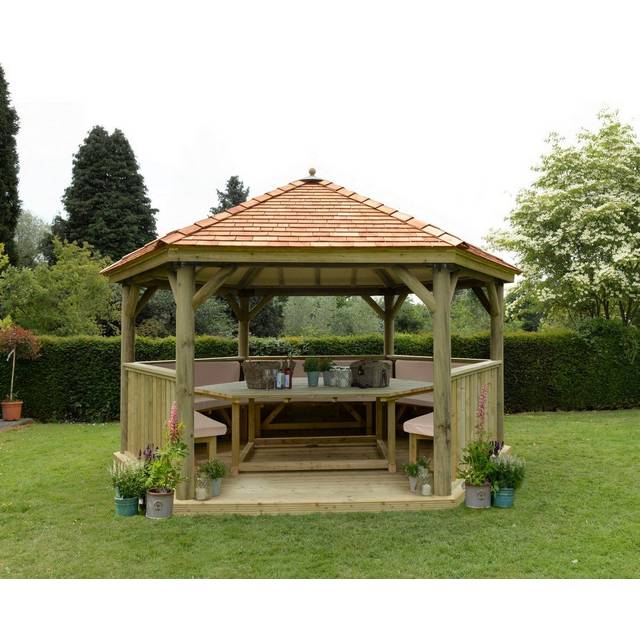 15'x13' (4.7x4m) Luxury Wooden Furnished Garden Gazebo with New England Cedar Roof - Seats up to 19 people