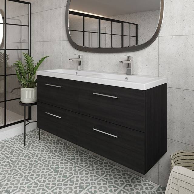 Nuie Arno Charcoal Black 1200 WH 4-Drawer Vanity Unit &amp; Double Bas