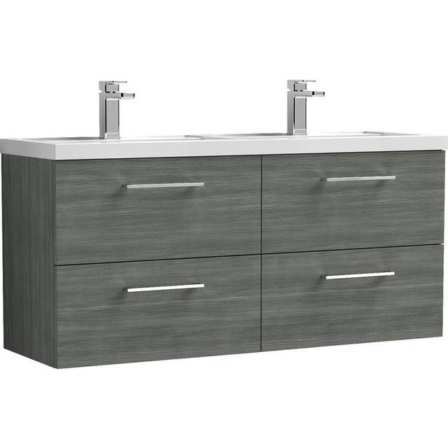 Nuie Arno Woodgrain Wall Hung 4 Drawer Vanity Unit and Double Polymarble Basins | Anthracite | MDF | 1200mm