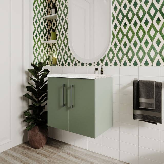 Nuie Arno Satin Green 600mm Wall Hung 2-Door Vanity Unit &amp; Laminat