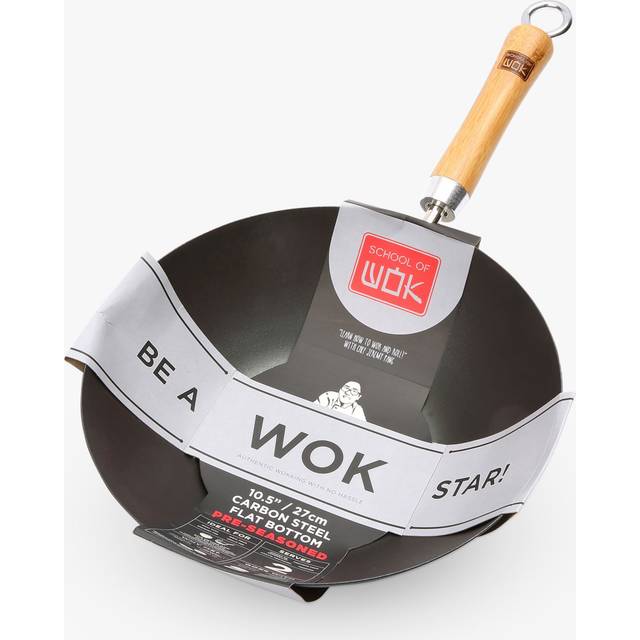 School of Wok by Dexam 12"/30cm Pre-Seasoned Carbon Steel Wok, Black