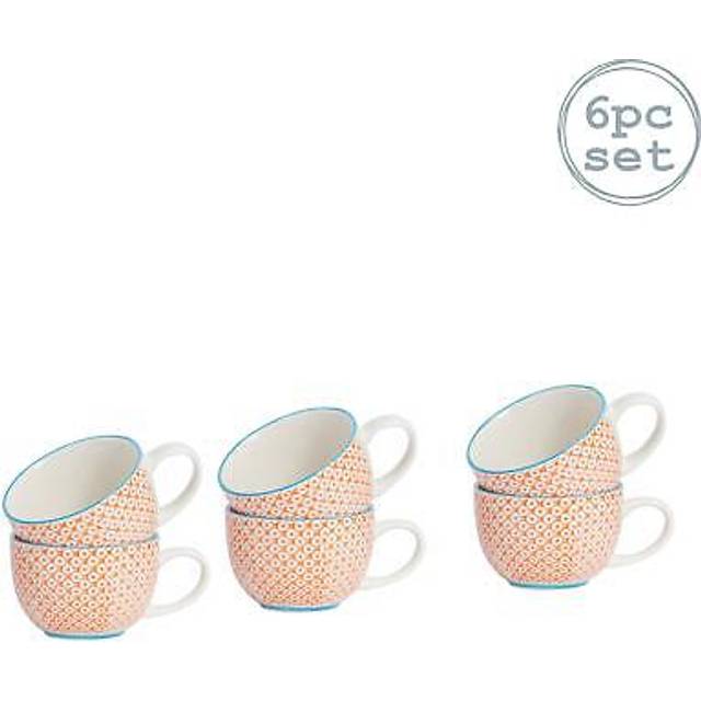 250ml Hand-Printed Stoneware Cappuccino Cups - Pack of 6 - Orange