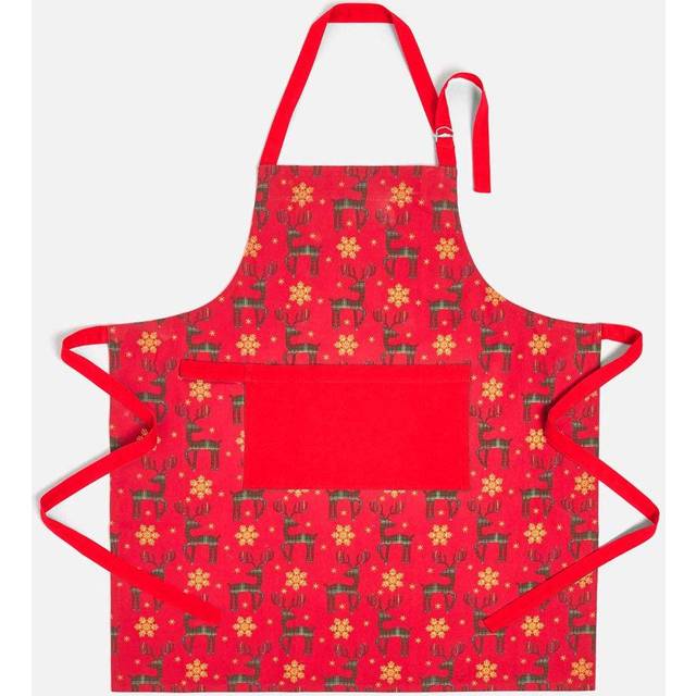 Homescapes Red Apron 100% Cotton Reindeer Christmas Apron - Rouge