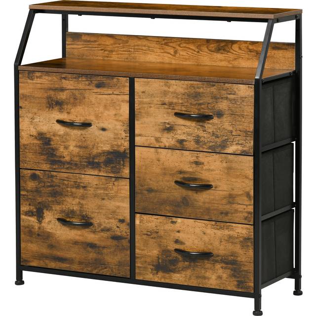 HOMCOM Bedroom Chest of Drawers - Industrial 5 Fabric Drawer Dresser with Open Shelf for Living Room - Rustic Brown | TJ Hughes Green