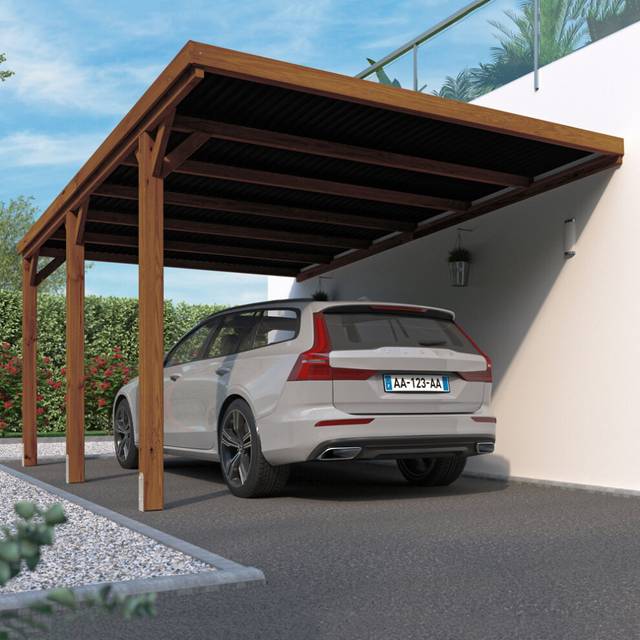 Cerland Victor Wall Mounted Wooden Carport 3m x 5m Opaque Roof, Brown