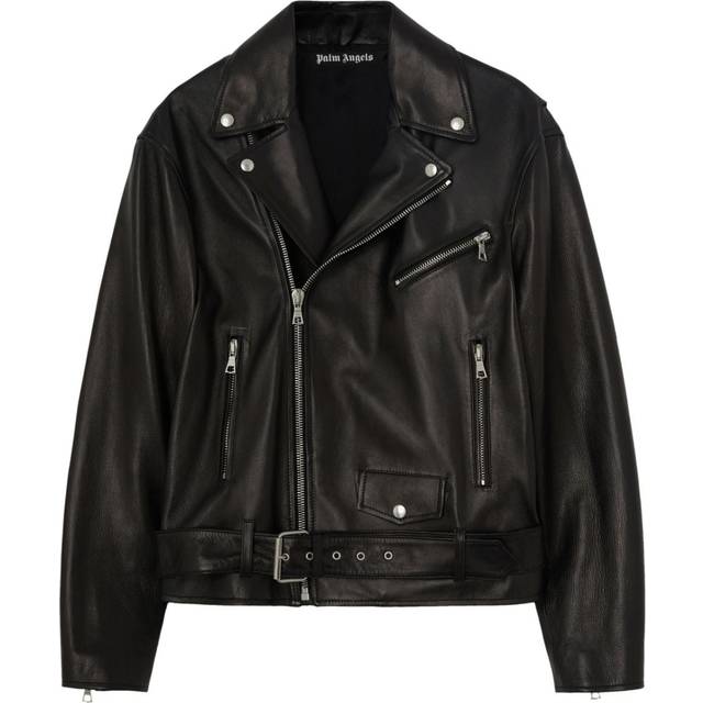 Palm Angels - logo-print biker leather jacket - men - Cupro/Leather/Cotton - 54 - Black