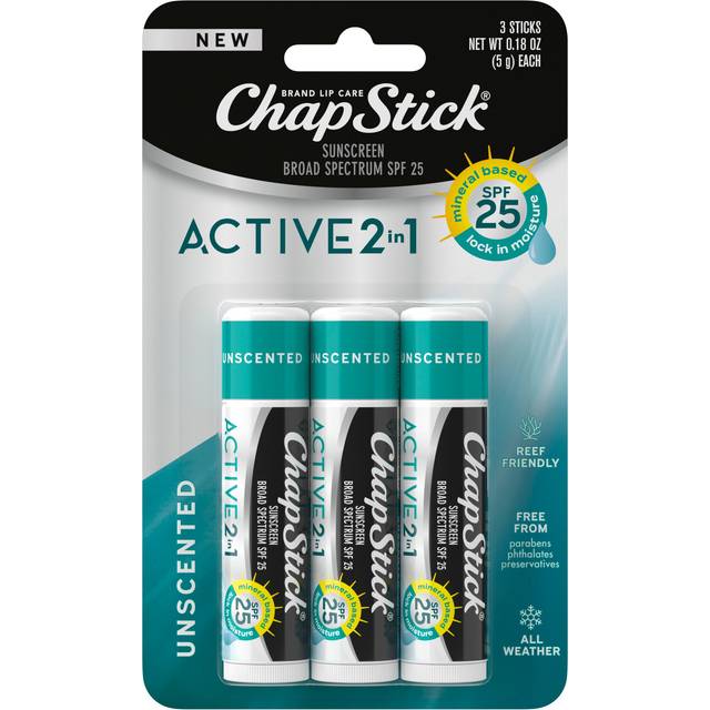 ChapStick Active 2-in-1 Unscented Flavored Lip Balm Tubes with Mineral Based SPF 25 Sunscreen - 0.18 Oz (Pack of 3)