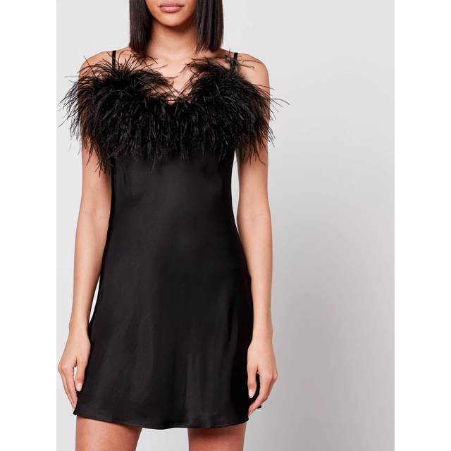 Sleeper Boheme Feather-Trimmed Satin Mini Dress - XS - Black