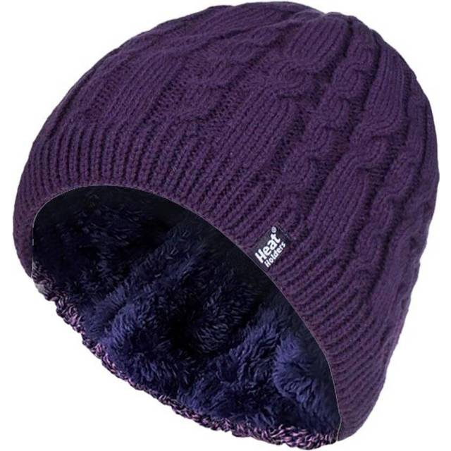 Heat Holders Womens Ribbed Cable Knit Fleece Lined Thermal Knitted Beanie Hat - Purple - One Size