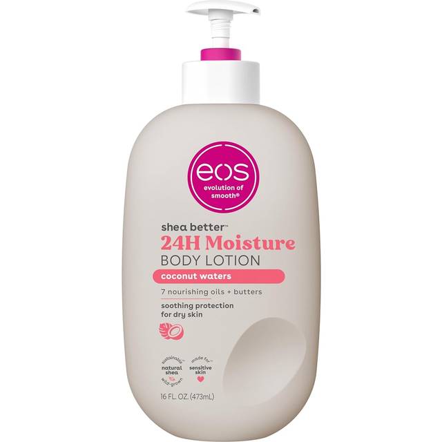 Eos Bodylotion Shea Butter - Kokosvatten, fuktgivande hudvård, verkar i 24 timmar, lätt och oljefri, behandling med naturligt sheasmör, vegansk, 473 ml