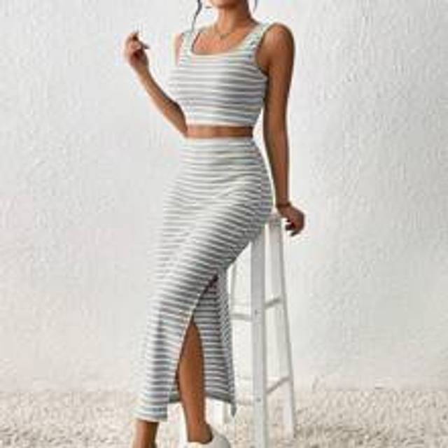 Chiquease Striped Print Crop Tank Top & Split Thigh Skirt