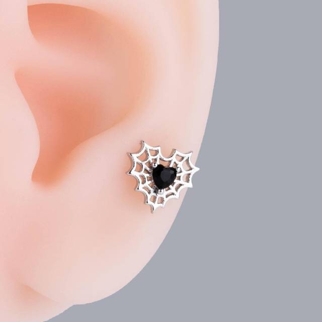 SHEIN 1pc Fashionable Personality Stainless Steel & Rhinestone Embedded Halloween Spider Web & Heart Shaped Cartilage Piercing Earring Valentines,Mom,Mother
