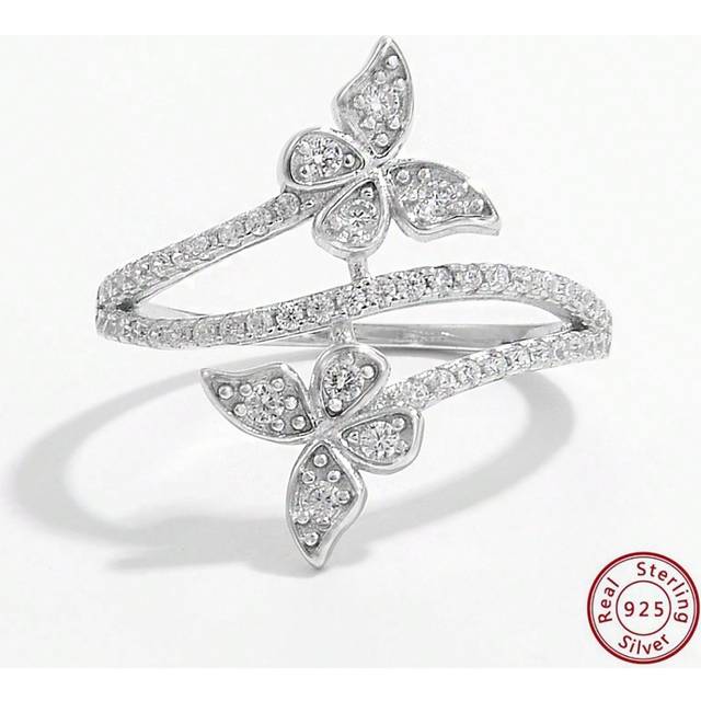SHEIN 925 Sterling Silver Cubic Zirconia Paved 1pc Lovely, Gorgeous, Natural, Elegant & Fashionable Double Butterflies Design Ring for Women Perfect Decorat