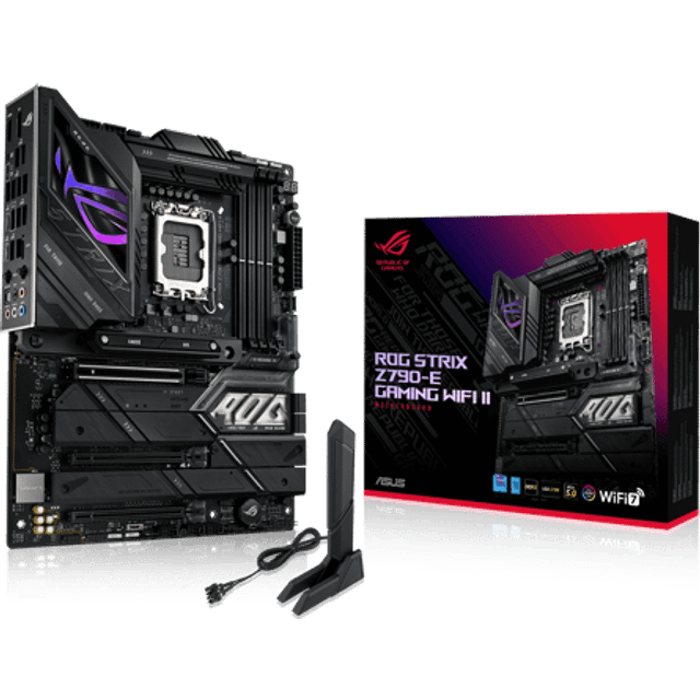 ASUS ROG STRIX Z790-E GAMING WIFI II Intel LGA 1700, ATX DDR5, WiFi 7, 5 M.2-kortplatser med kylfläns, PCIe 5.0 NVMe SSD, USB I/O 20 Gbps, AI överklockning och kylning II, Aura Sync RGB