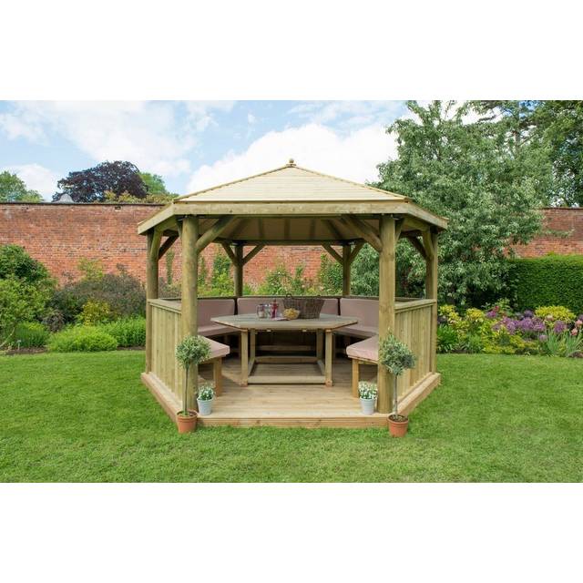 13'x12' (4x3.5m) Luxury Wooden Furnished Garden Gazebo with Traditional Timber Roof - Seats up to 15 people