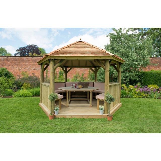 13'x12' (4x3.5m) Luxury Wooden Furnished Garden Gazebo with New England Cedar Roof - Seats up to 15 people