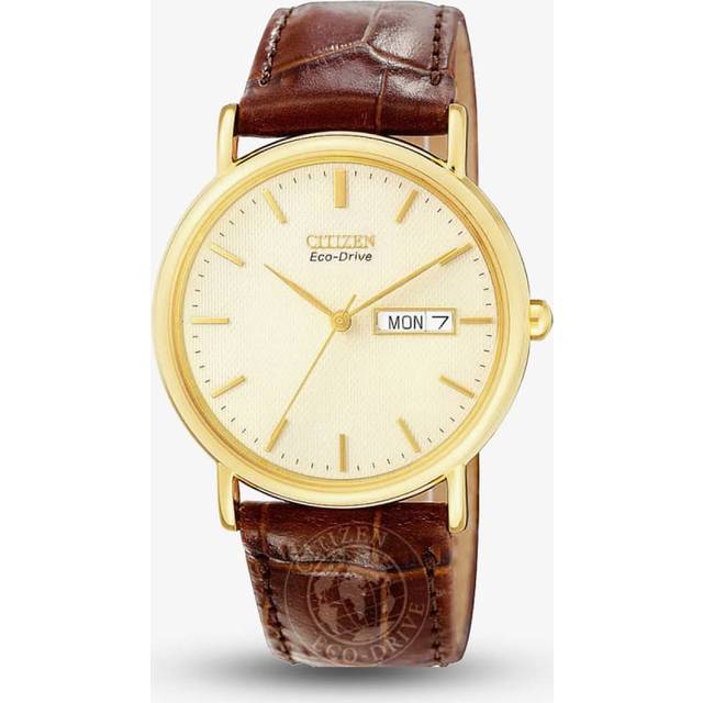 Citizen Mens Stiletto Gold Plated Brown Leather Strap Watch BM8242-08P