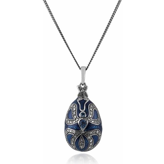Art Nouveau Style Pear Blue Topaz Faberge Egg Style ÂPendant in 925 Sterling Silver