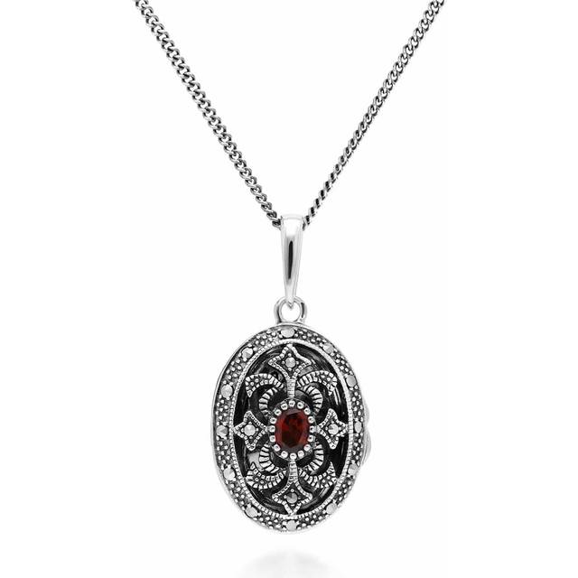Art Nouveau Style Oval Garnet & Marcasite Locket Necklace in Sterling Silver