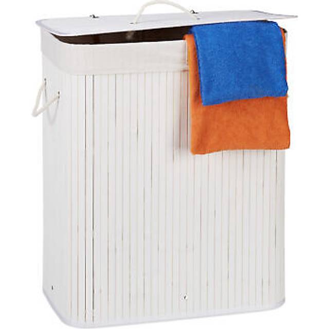 Lidded Bamboo Laundry Hamper, 100 l, Clothes Container, 2 Compartments, Folding, Rectangular Basket, Bathroom, Grey - Relaxdays