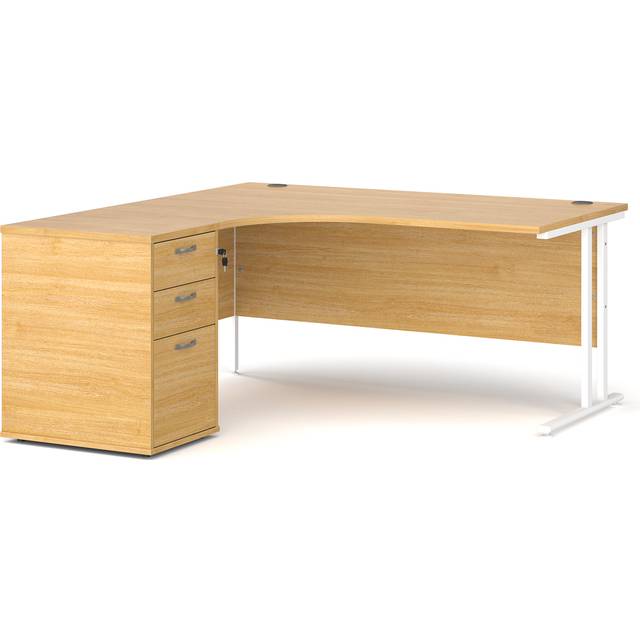 Office Desk | Left Hand Corner Desk 1600mm With Pedestal | Oak Top With White Frame | Maestro 25