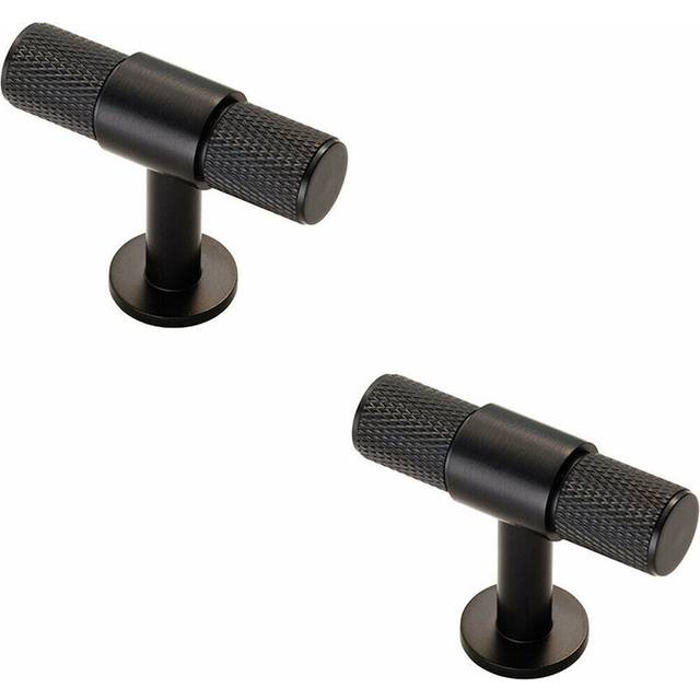 2x Knurled Cupboard T Shape Pull Handle 50 x 13mm Matt Black Cabinet Handle