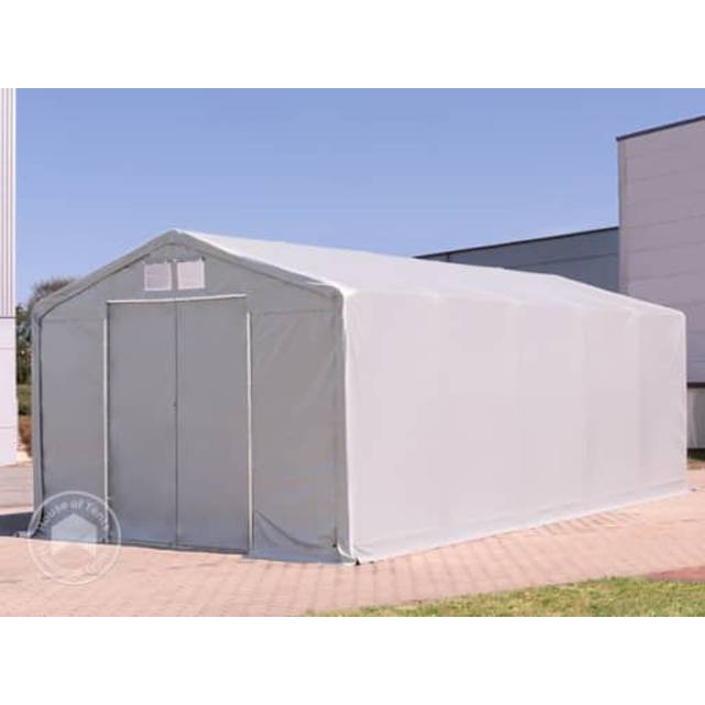 TOOLPORT 8x12m - 4.0m Sides Industrial Tent with sliding door, PRIMEtex 2300, grey with statics package (soft ground anchors) - (93998)