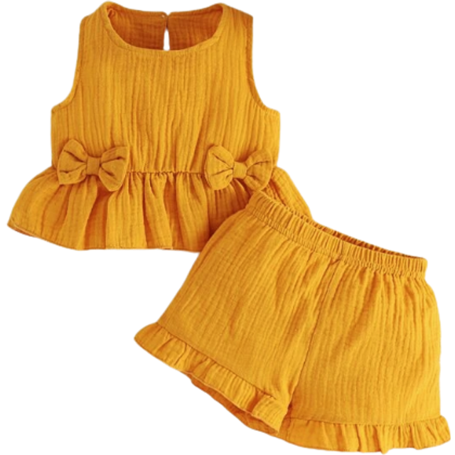 SHEIN Baby Girl Bow Front Ruffle Hem Tank Top & Ruffle Hem Shorts
