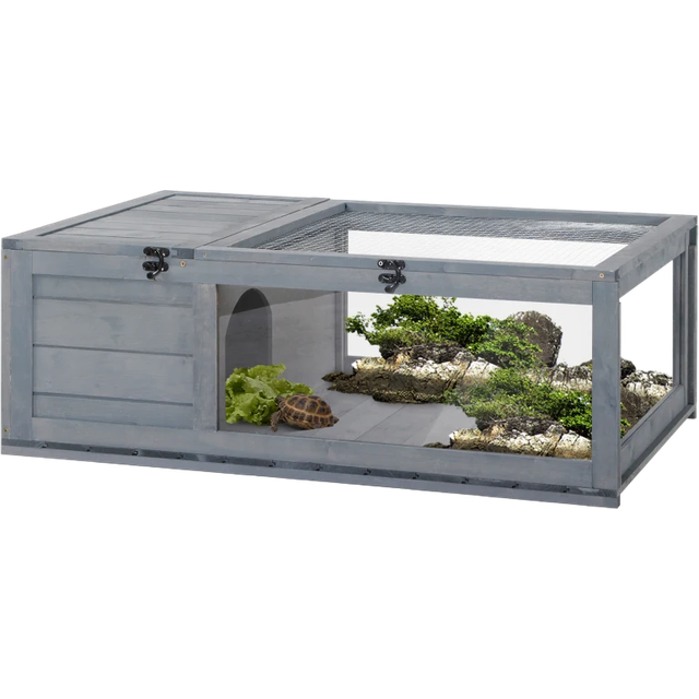 PawHut Tortoise House w/ Mesh Roof - Small Pet Reptile Wooden House - Grey | TJ Hughes