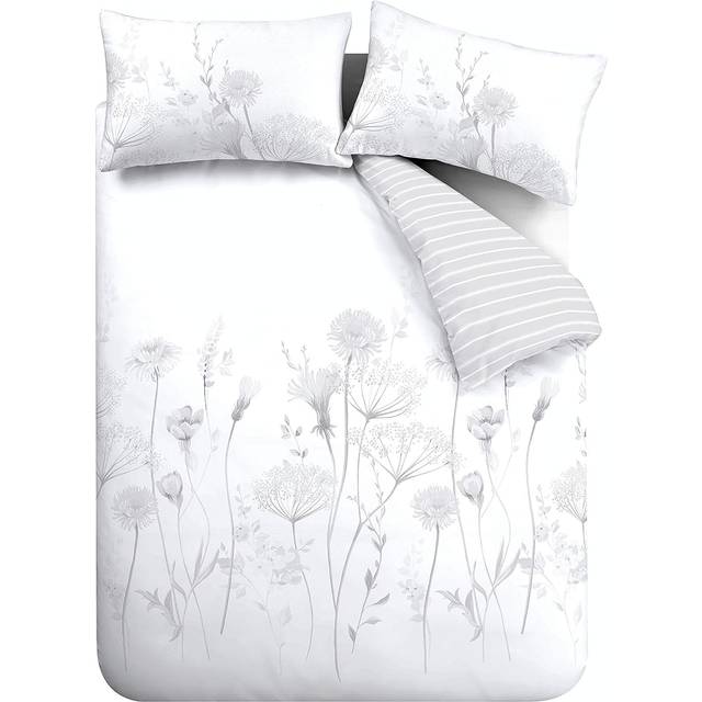 Meadowsweet Floral Reversible Duvet Cover Set with Pillowcases - Grey (Single Duvet Cover + 1 Standard Pillowcase)
